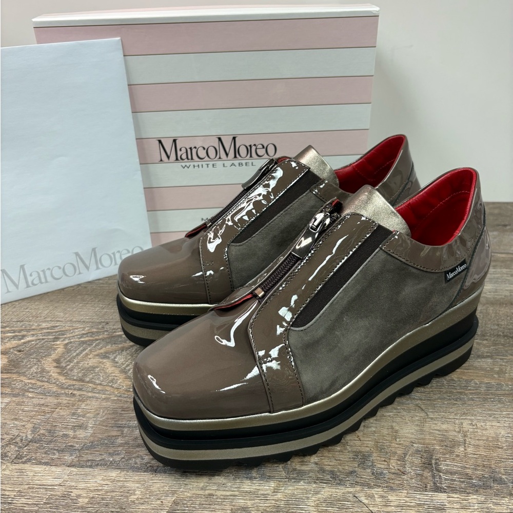 Marco Moreo Penelope Platform Loafers Taupe Patent & Suede – EU 41 – New in Box